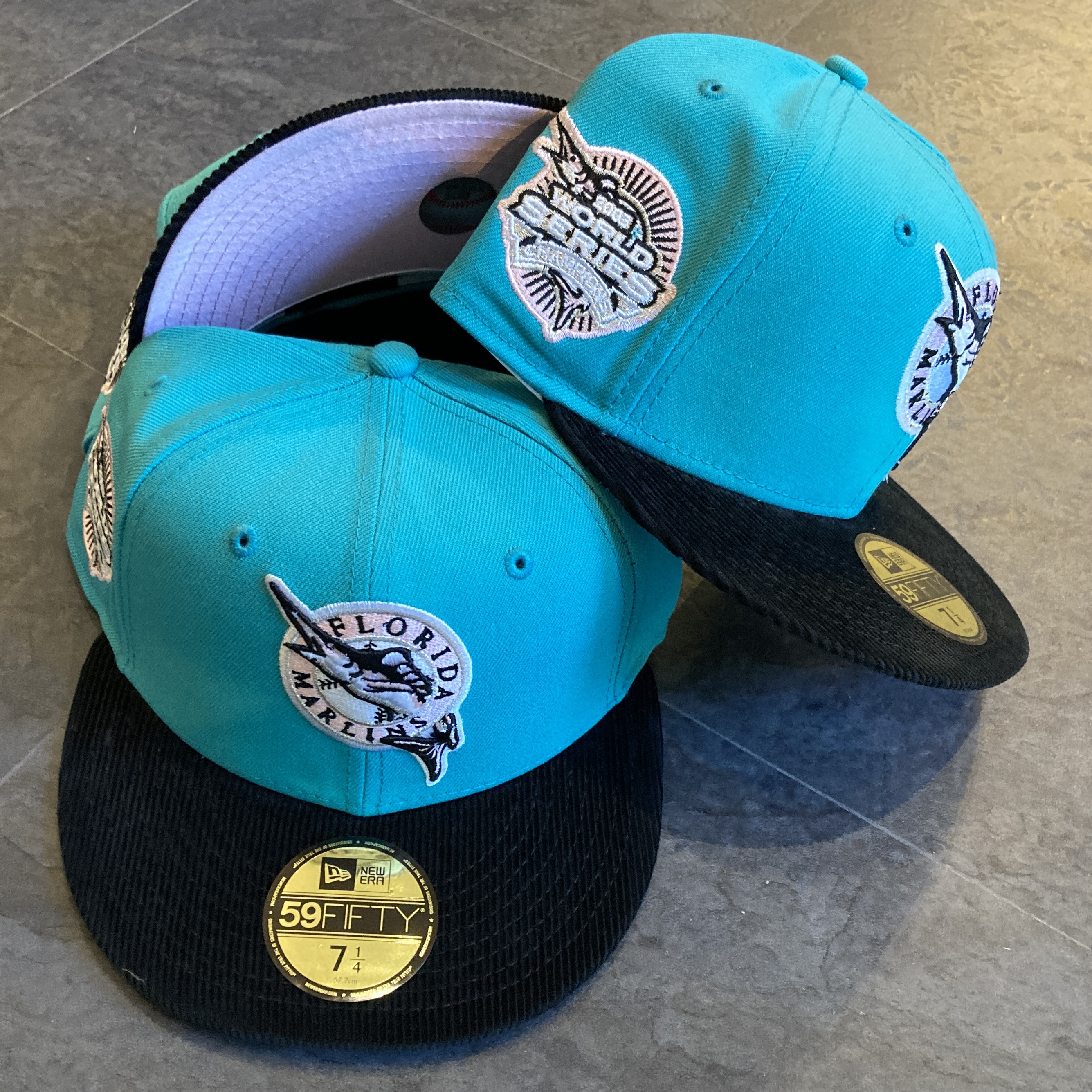 Florida Marlins manyStyles exclusive 93Champs Miami Vice Style Pastell Teal Pink Silver BlackCord and Poly Color 59FIFTY von New Era