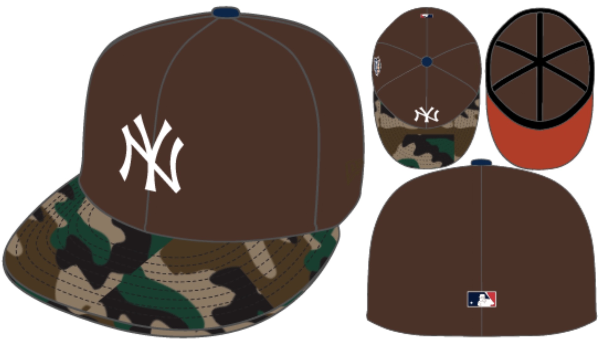 NY Yankees MLB HWC Cooperstown 1999 Worldseries Cap #exclusive# Walnut Brown Woodland Camouflage 59FIFTY Fitted Caps von New Era Skribble Sketch Design