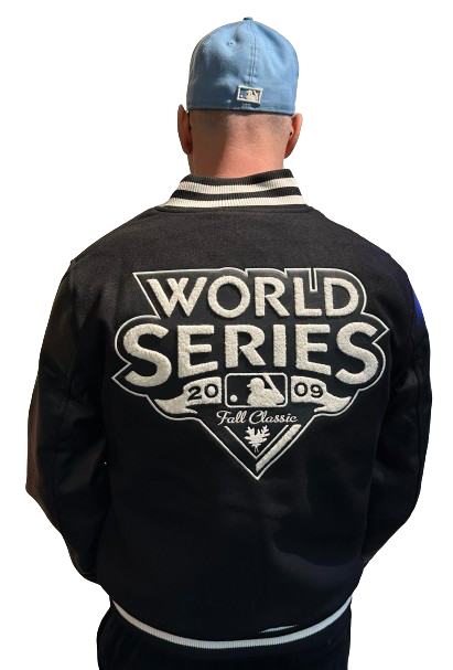 NY Yankees MLB World Series 2009 WS Varsity Jacket Black White Heritage Varsity Jacket backview