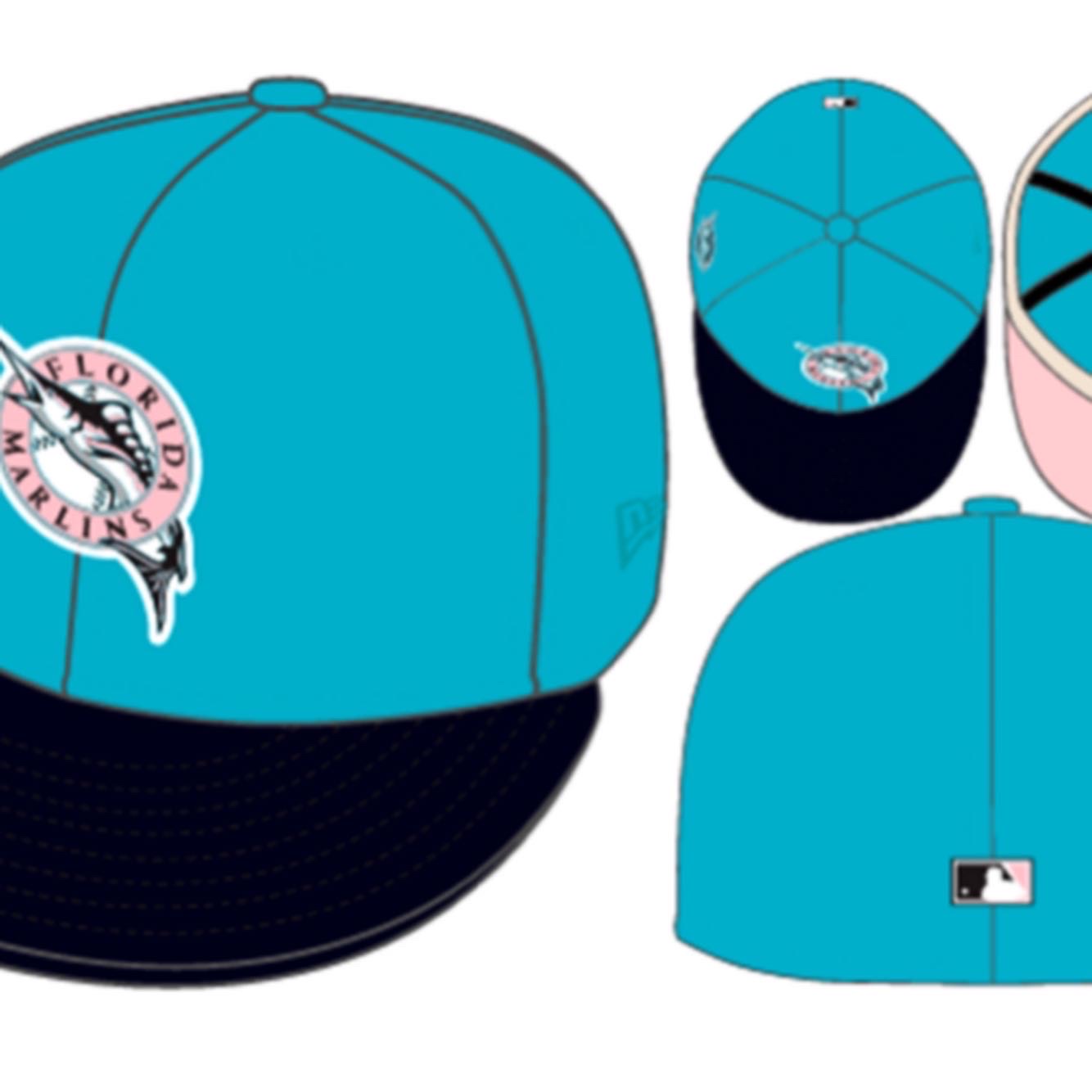 Florida Marlins manyStyles exclusive 93Champs Miami Vice Style Pastell Teal Pink Black Poly Color 59FIFTY von New Era Alternate Script PinkUndervisor Line Sheet